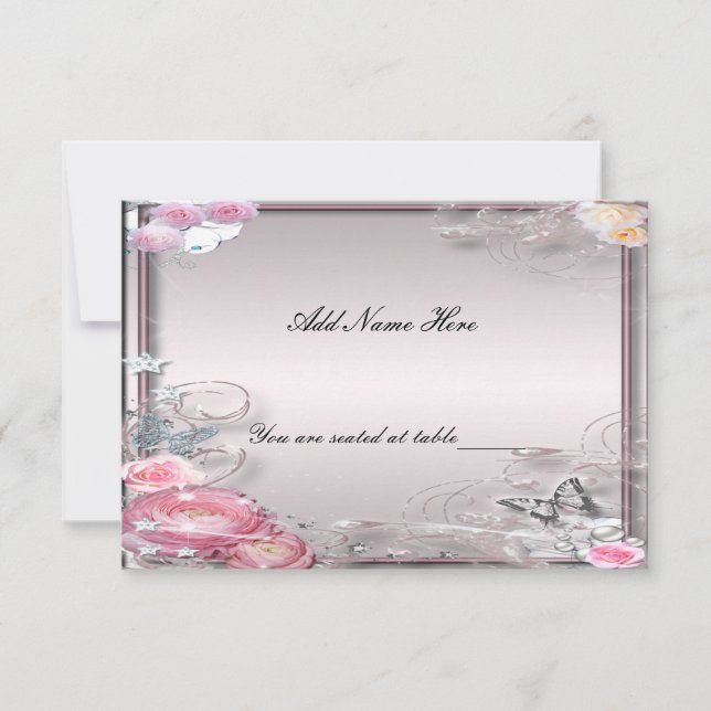 Tarjeta De Lugar De Mesa Floral Y Mariposa Rosa (Anverso)