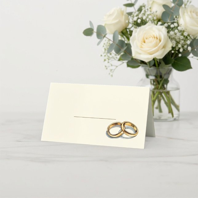 Tarjeta de lugar de nombres de anillos de boda dor (Gold wedding rings name place card.)