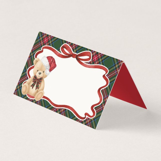 Tarjeta de lugar de oso con tartán verde de Navida (Anverso)