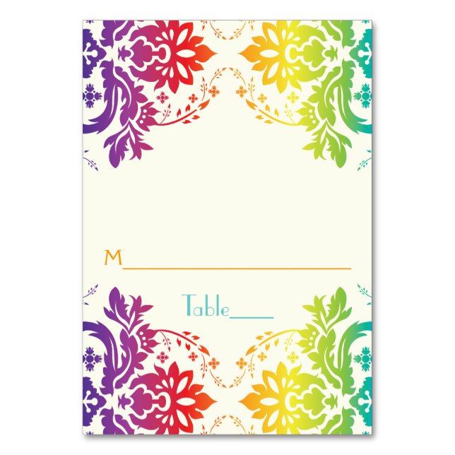 Tarjeta de lugar del boda del arco iris de Damask (Anverso)