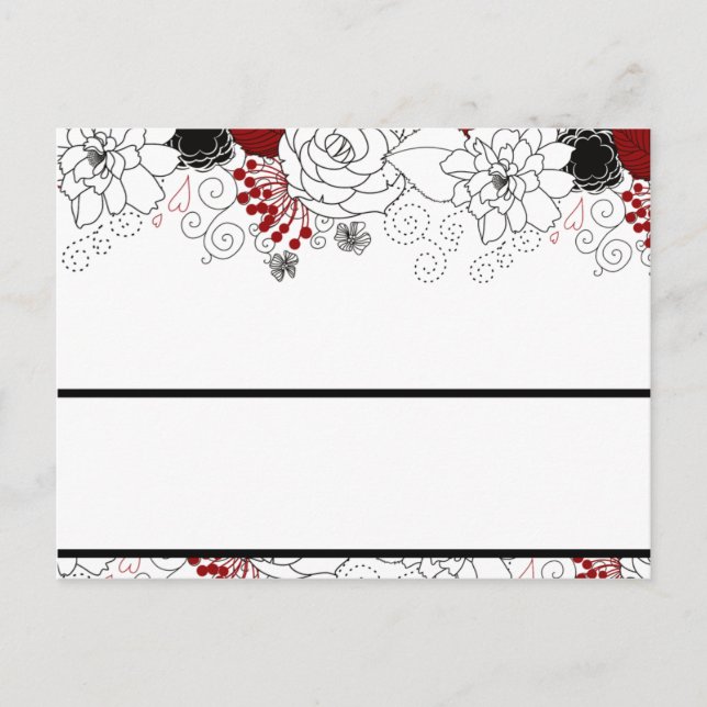 Tarjeta de lugar escribible Flores negras hojas ro (Anverso)