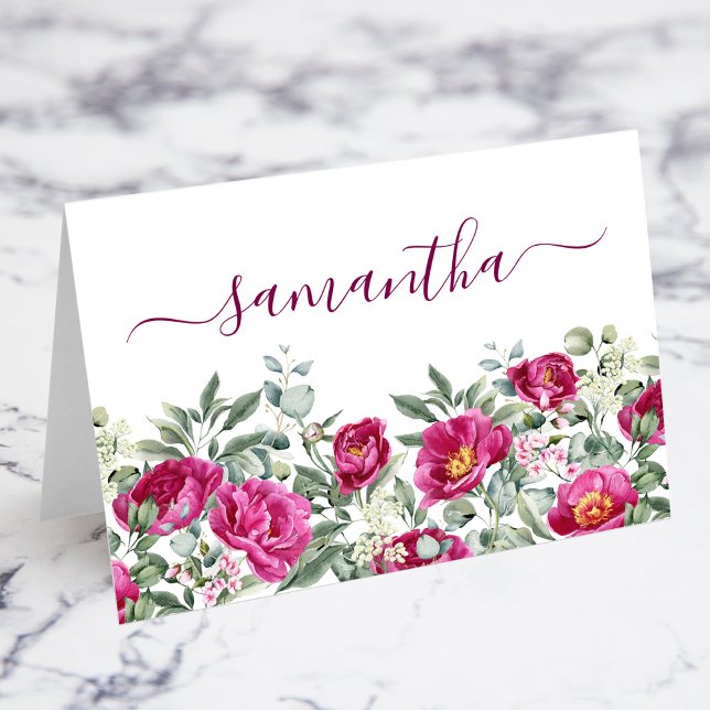 Tarjeta de lugar individual acuarela Hot Pink Peon (Watercolor Hot Pink Peonies Individual Place Card)