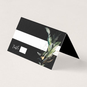 Tarjeta de lugar negro Boda de follaje tropical sa