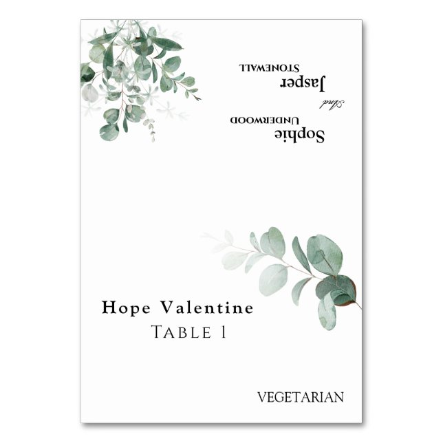 Tarjeta de lugar plegable Boda blanco verde modern (Anverso)