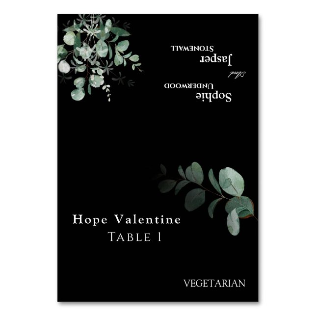 Tarjeta de lugar plegable de Boda negro verde mode (Anverso)