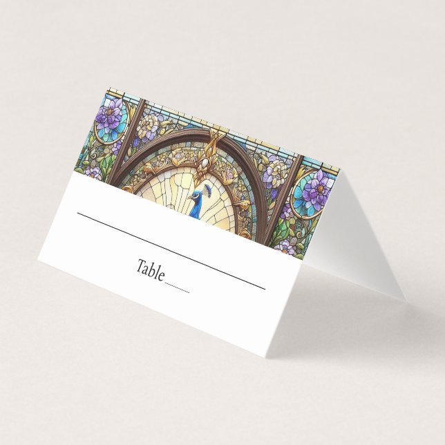 Tarjeta de lugar plegable de pluma de pavo real (Anverso)
