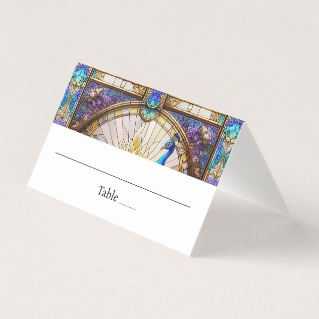 Tarjeta de lugar plegable de pluma de pavo real (Anverso)