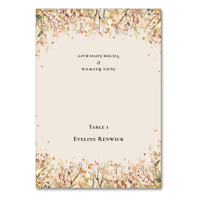 Tarjeta de lugar plegable para Boda beige de otoño (Anverso)
