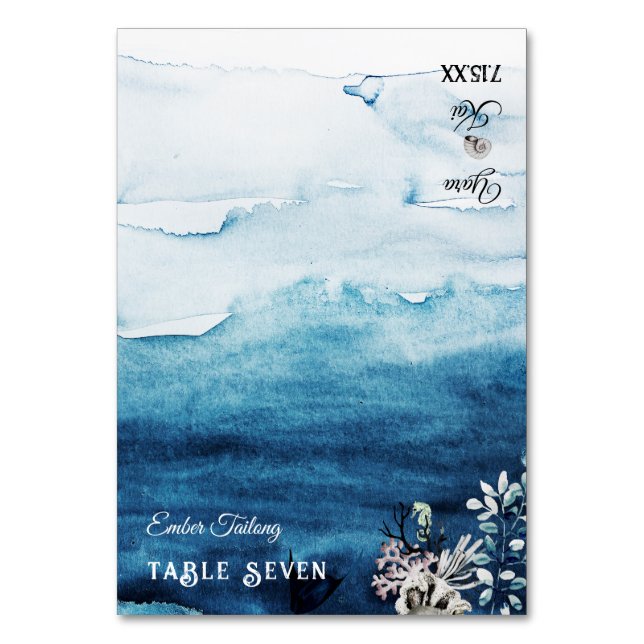 Tarjeta de lugar plegable Rustic Ocean Boda (Anverso)