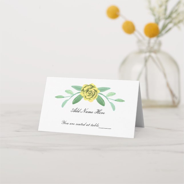 Tarjeta de lugar plegado amarilla floral verde fol (Anverso)
