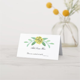 Tarjeta de lugar plegado amarilla floral verde fol