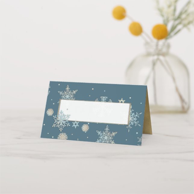 Tarjeta de lugar plegado Boda Blue and Gold Snowfl (Anverso)