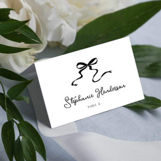 Tarjeta de lugar plegado Boda Bow moderna (modern bow wedding folded place card, unique bow tent seating card)