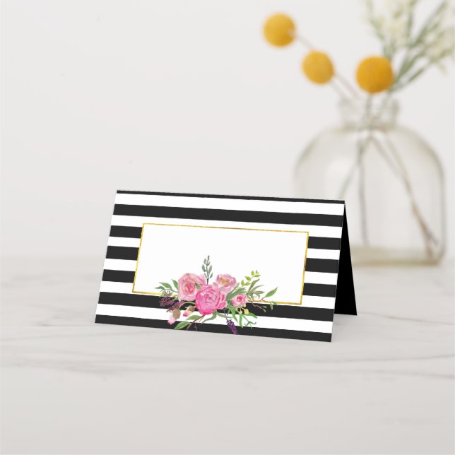 Tarjeta de lugar plegado Boda de flores y rayas (Anverso)