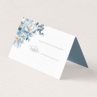 Tarjeta de lugar plegado Boda floral azul acuarela