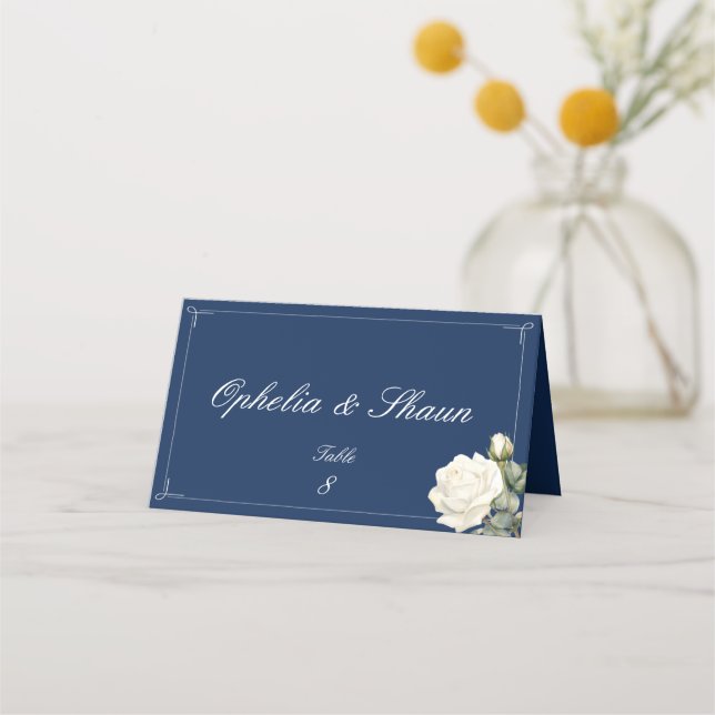 Tarjeta de lugar plegado Boda rosa blanca azul de  (Anverso)
