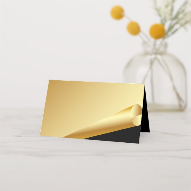 Tarjeta de lugar plegado de oro formal y Boda negr (Anverso)
