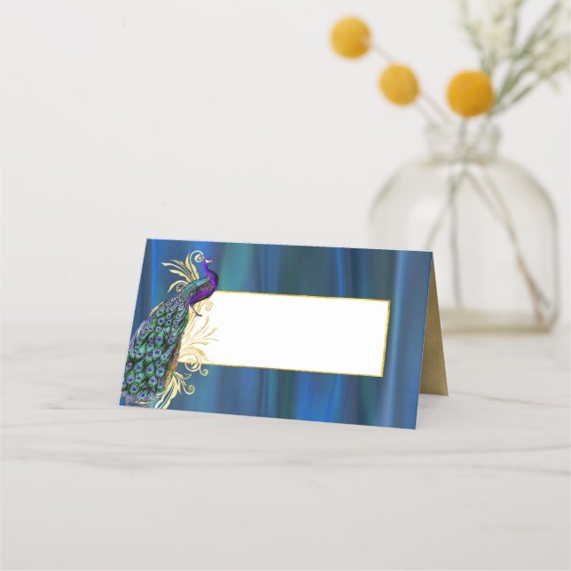 Tarjeta de lugar plegado del Boda de satinado azul (Anverso)