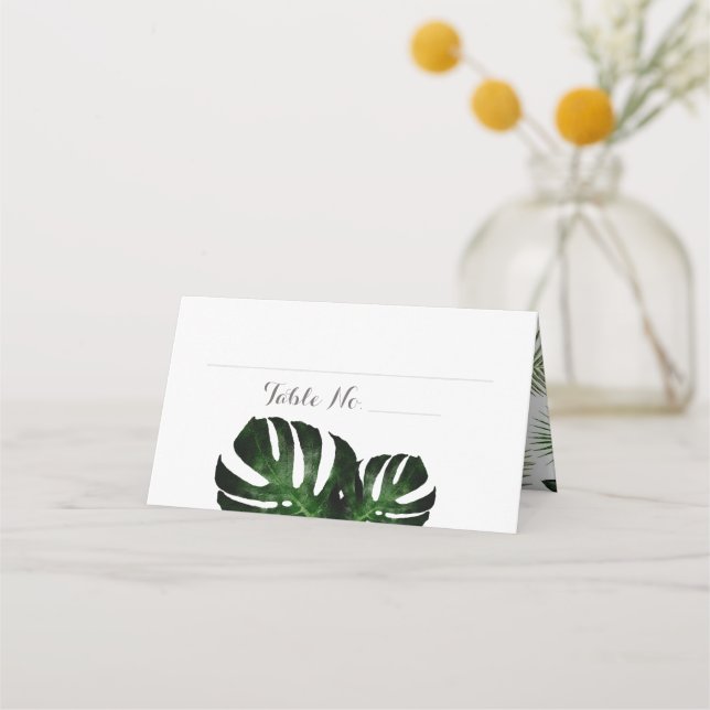 Tarjeta de lugar plegado Monstera, Boda tropical (Anverso)