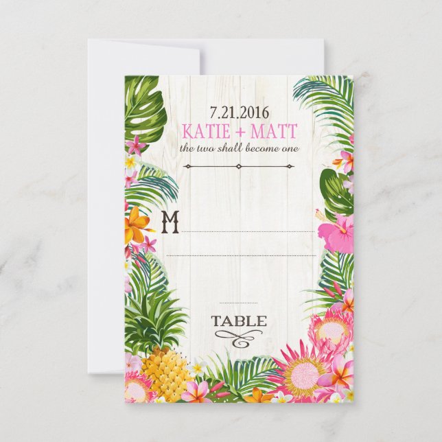 Tarjeta de lugar rústica de playa para boda hawaia (Anverso)