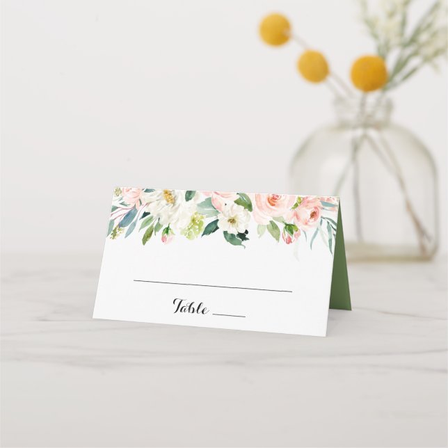 Tarjeta de lugar simple de caligrafía verde floral (Anverso)