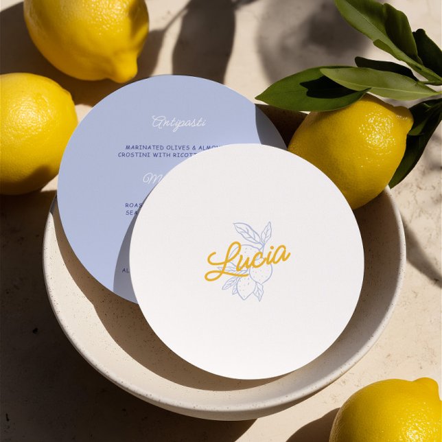 Tarjeta de lugar y menú redondo de limón italiano  (Italian Lemon Round Wedding Place Card & Menu)