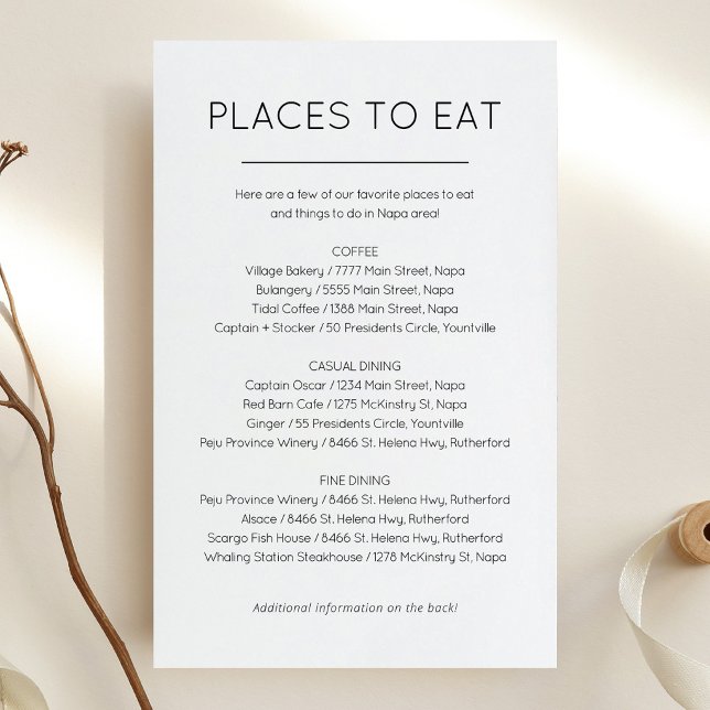 Tarjeta de lugares para comer y cosas que hacer (Wedding Places to eat and Things to do card)