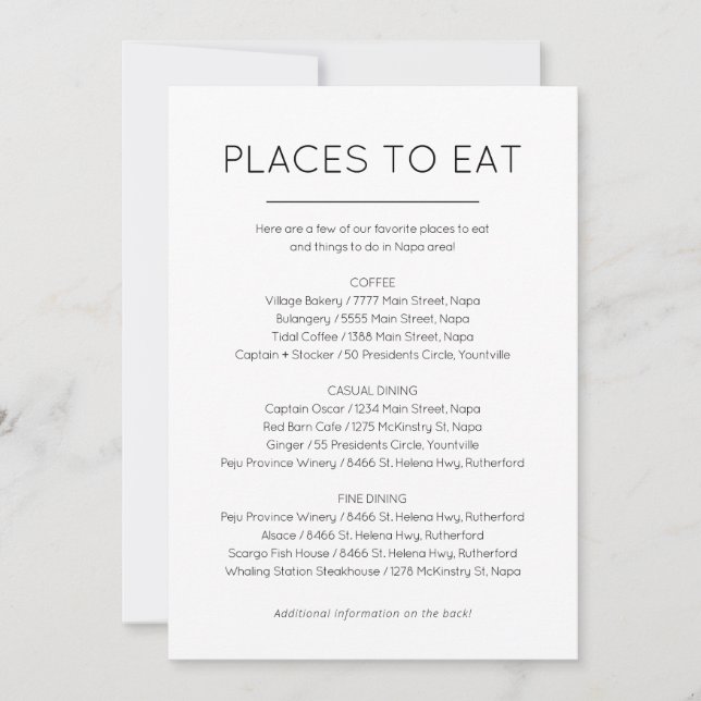 Tarjeta de lugares para comer y cosas que hacer (Anverso)