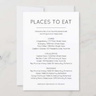 Tarjeta de lugares para comer y cosas que hacer
