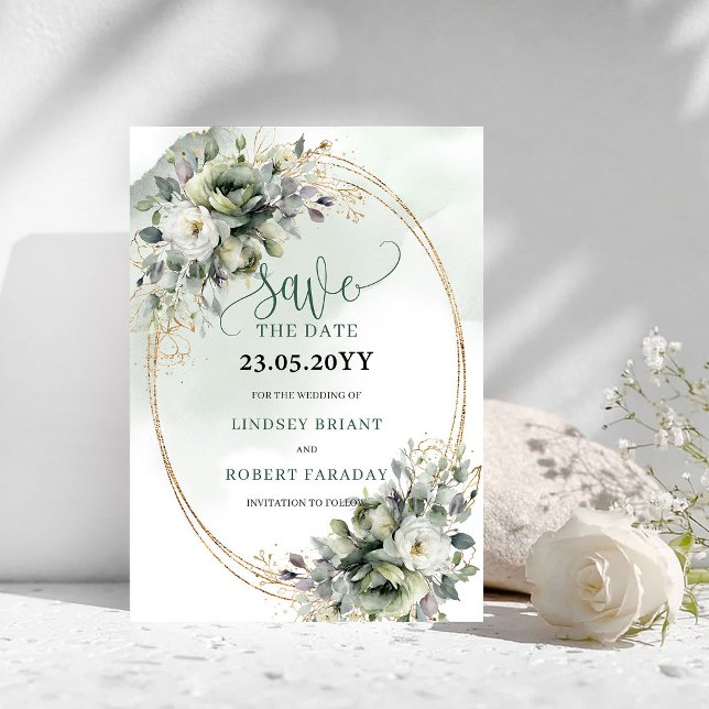 Tarjeta de Lujo Botánico Verde Dorado para Guardar (Luxe Botanical Greenery Gold Save The Date Card)