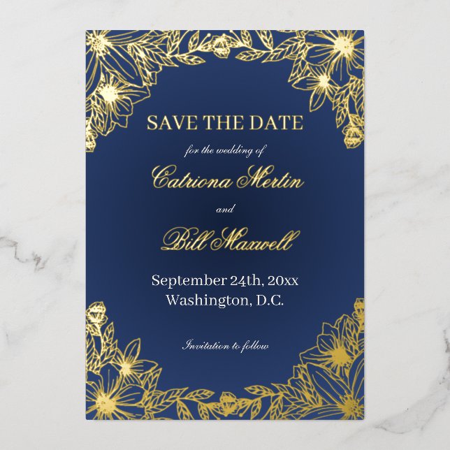 Tarjeta de lujo con foil dorado floral para guarda (Anverso)