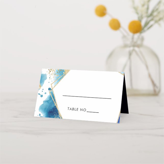 Tarjeta de Lujo Gold & Blue Frame Ocean Boda Place (Anverso)