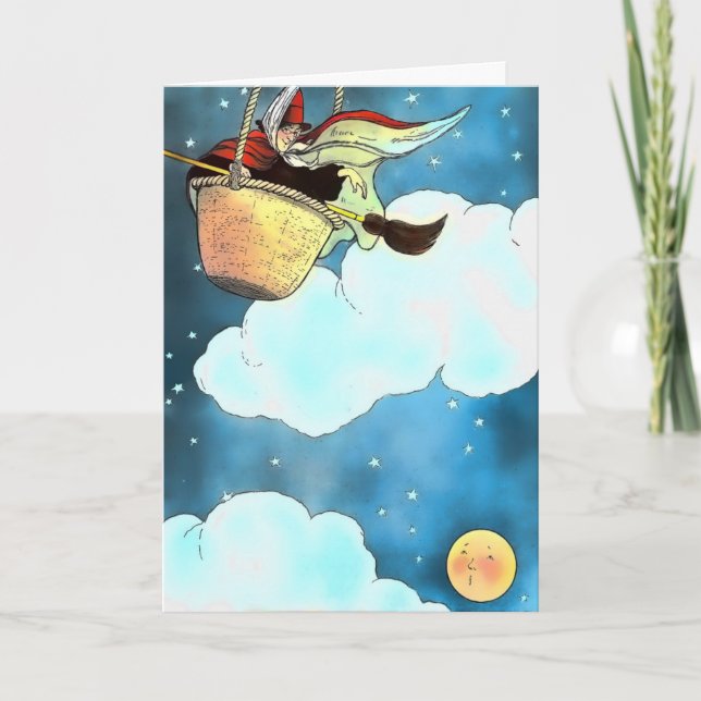 Tarjeta de luna y bruja para niños (Anverso)
