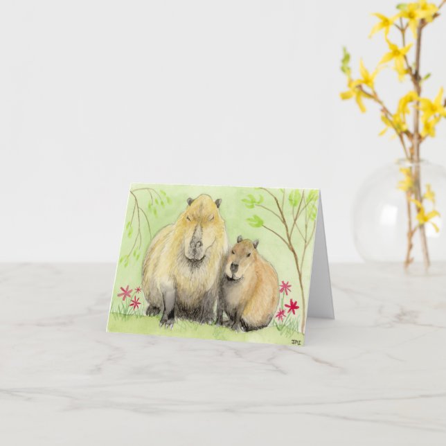 Tarjeta de Madre y Bebé Capybara (flor amarilla)