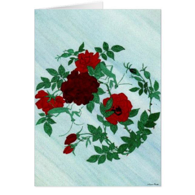 Tarjeta de mantis y rosas rojas para rezar (Frente)