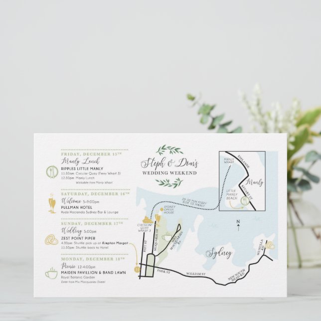 Tarjeta de mapa de bienvenida de día de bodas AUS  (Anverso de pie)