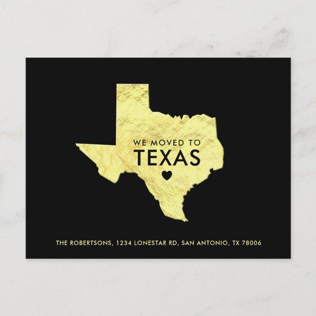 Tarjeta de Mapa de Texas Metálico Dorado con Nueva (Anverso)