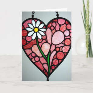 Tarjeta de margarita con corazón de vidrio emploma