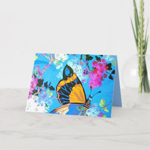 Tarjeta de mariposa rosa y azul con fuente de text