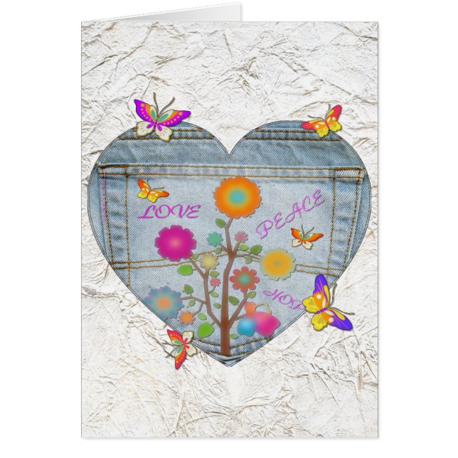 Tarjeta de mariposas Denim Pocket Heart Flowers (Frente)