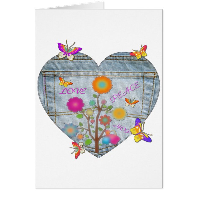 Tarjeta de mariposas Denim Pocket Heart Flowers (Frente)