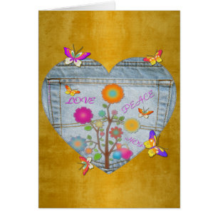 Tarjeta de mariposas Denim Pocket Heart Flowers