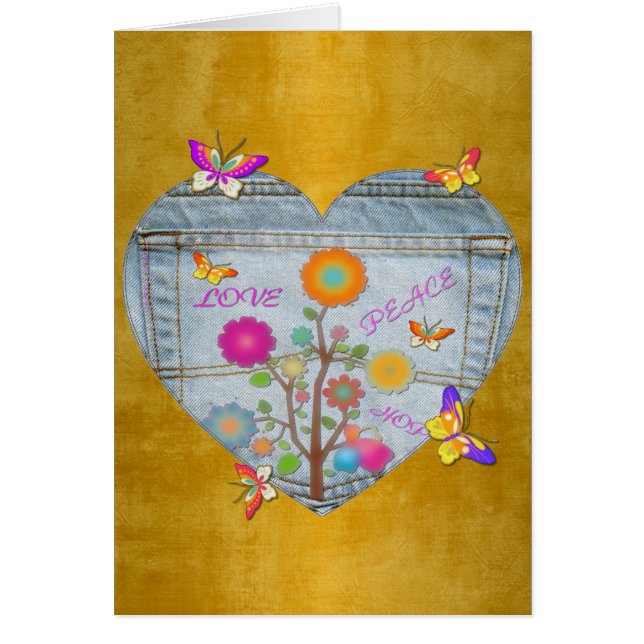 Tarjeta de mariposas Denim Pocket Heart Flowers (Frente)