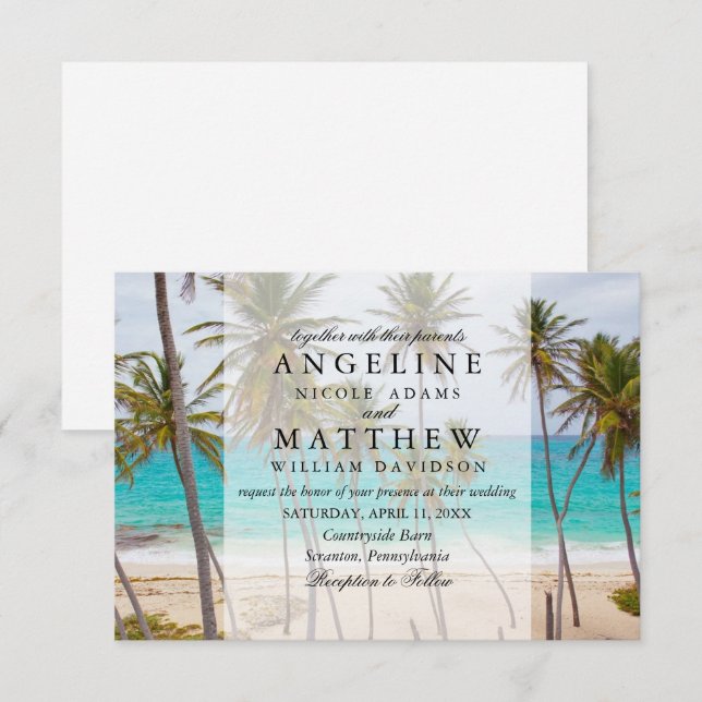 Tarjeta de matrimonio de destino Palm Tree Beach T (Anverso / Reverso)