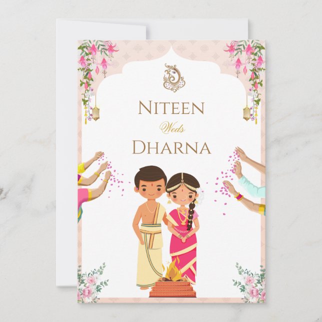 Tarjeta de matrimonio tradicional india con pareja (Anverso)