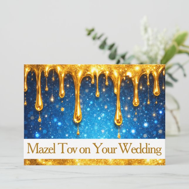 Tarjeta de Mazel Tov para Boda, Azul con Goteo de  (Anverso de pie)