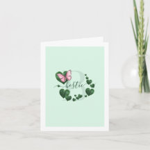 Tarjeta de mejor amiga con mariposa rosa y hojas e