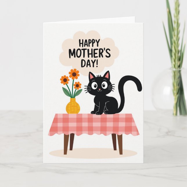 Tarjeta de Mensaje de Gato con Flores de Gingham (Anverso)