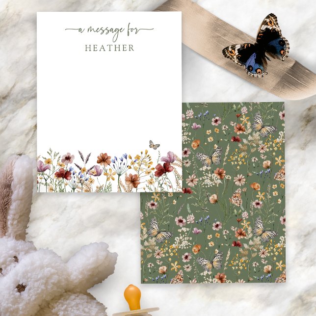 Tarjeta de mensaje Green Wildflower (Sage Green Boho Wildflower Message Card with Butterfly by Painted Paperie
)