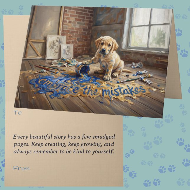 Tarjeta de Mentalidad de Crecimiento Perro Animalc (Whimsical thinking of you card featuring a golden Labrador puppy spilling paint encouragement card )